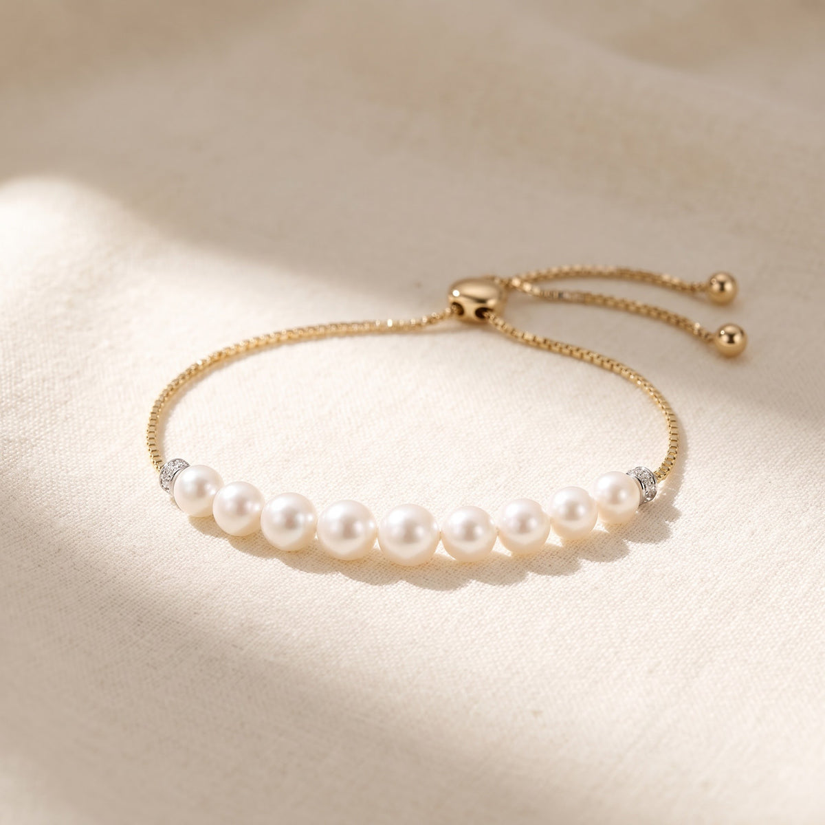 Pearl and Diamond Beaded Adjustable Bracelet in 14K Yellow Gold