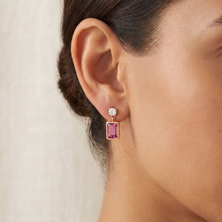 Pink Topaz and White Topaz Rectangular Drop Earrings in 14K Yellow Gold, worn