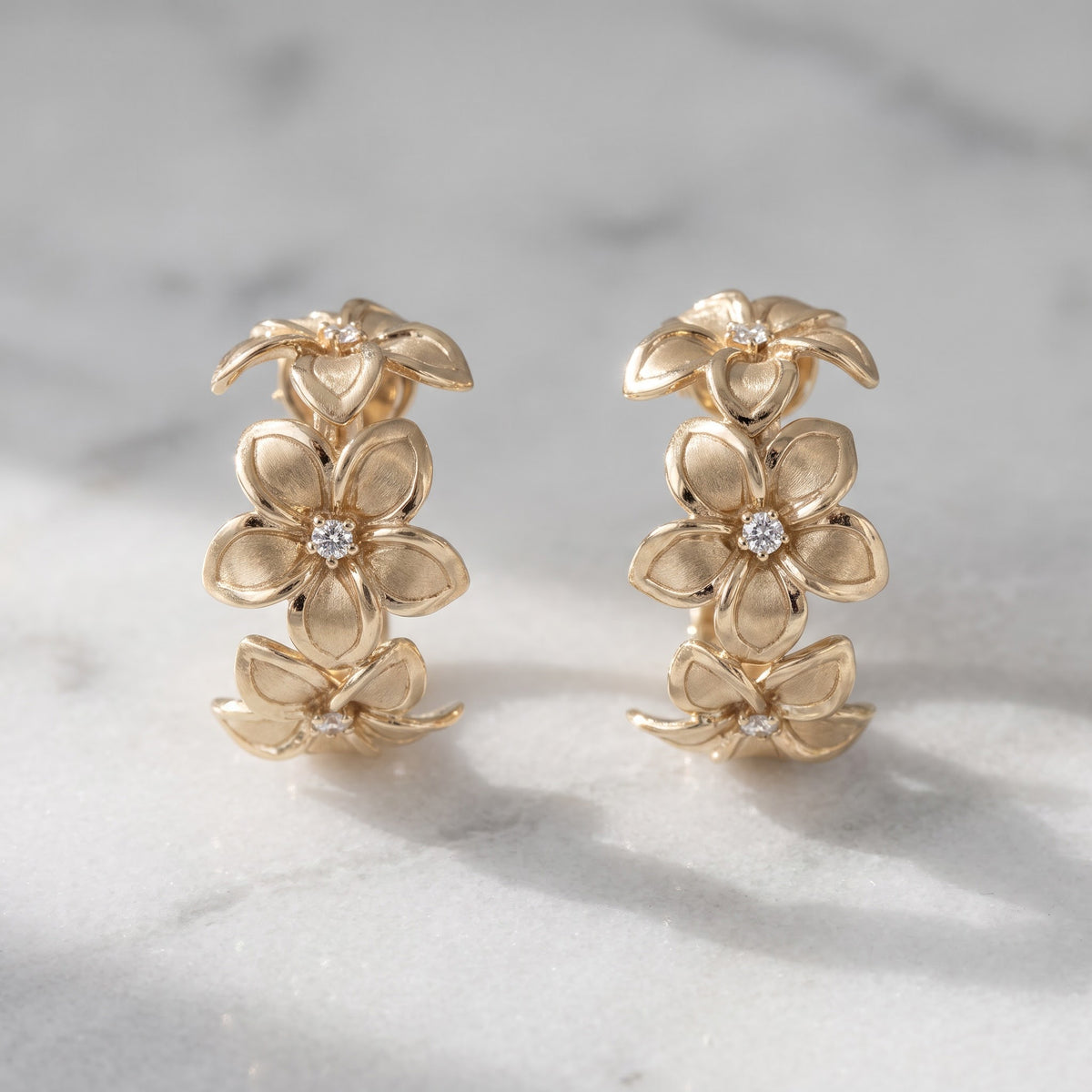 Plumeria Floral Diamond Hoop Earrings in Yellow Gold