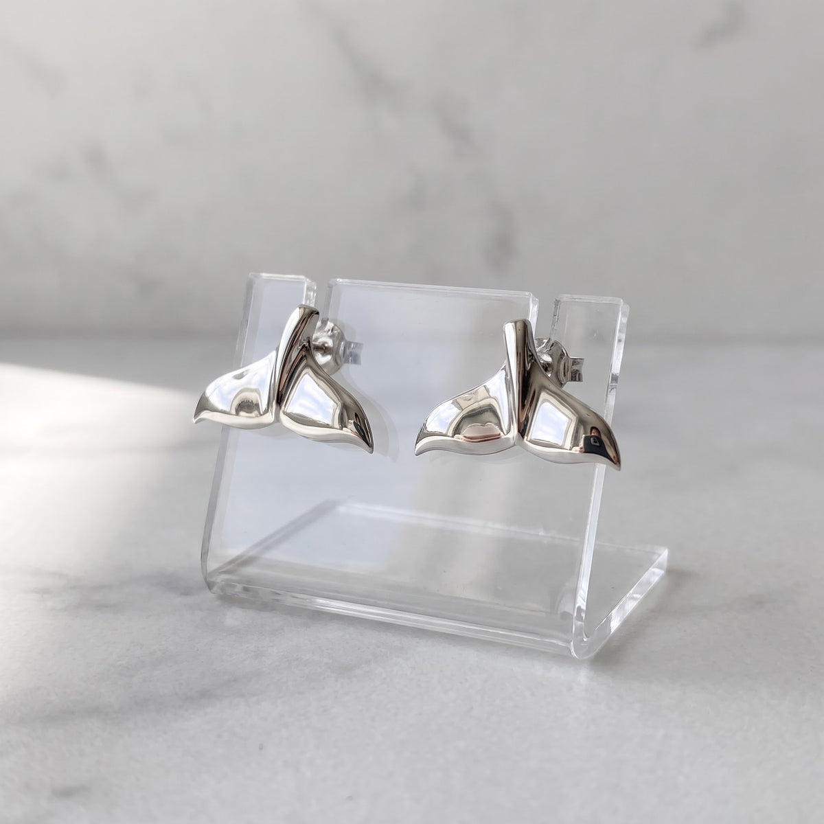 Polished Whale Tail Stud Earrings in 14K White Gold
