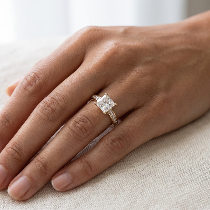 1.91 ct Princess Cut Diamond Engagement Ring in 14K Yellow Gold, worn