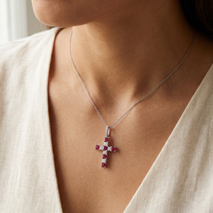 0.90 ct Ruby and Diamond Cross Pendant Necklace in 18K White Gold, worn