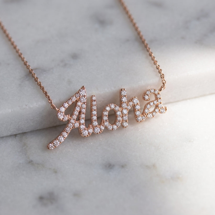 Rose Gold Diamond Pave Aloha Script Necklace