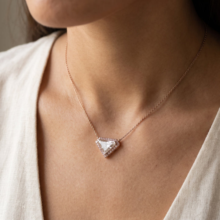 1.08 ct Inverted Triangle Diamond and Pink Diamond Halo Necklace in 14K White and Rose Gold, worn
