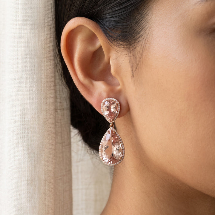 18.32 ct Pear-Cut Morganite and Diamond Double Drop Halo Earrings in 14K Rose Gold, worn