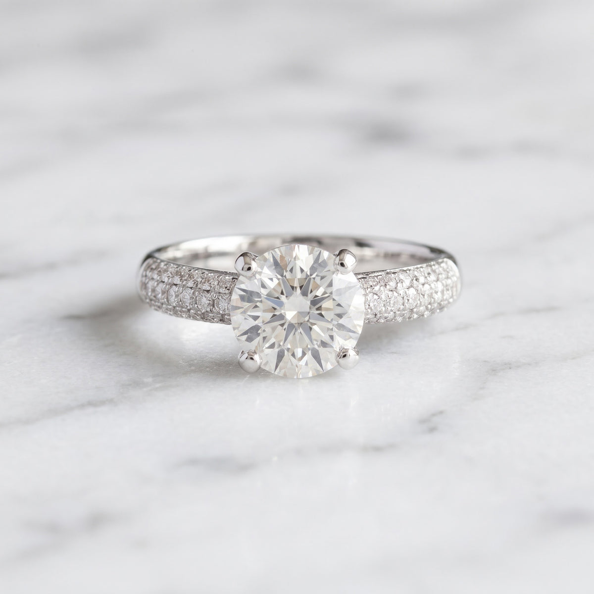 Round Diamond Solitaire Ring with Pavé Band in 14K White Gold
