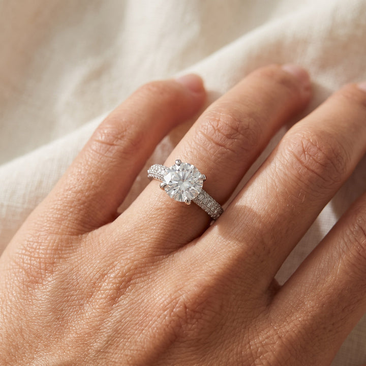 1.30 ct Round Diamond Solitaire Ring with Pavé Band in 14K White Gold, worn