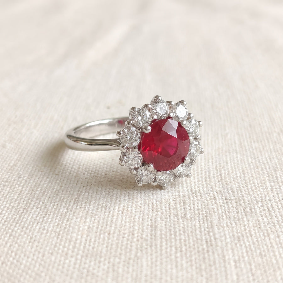 Round Ruby Halo Ring in White Gold