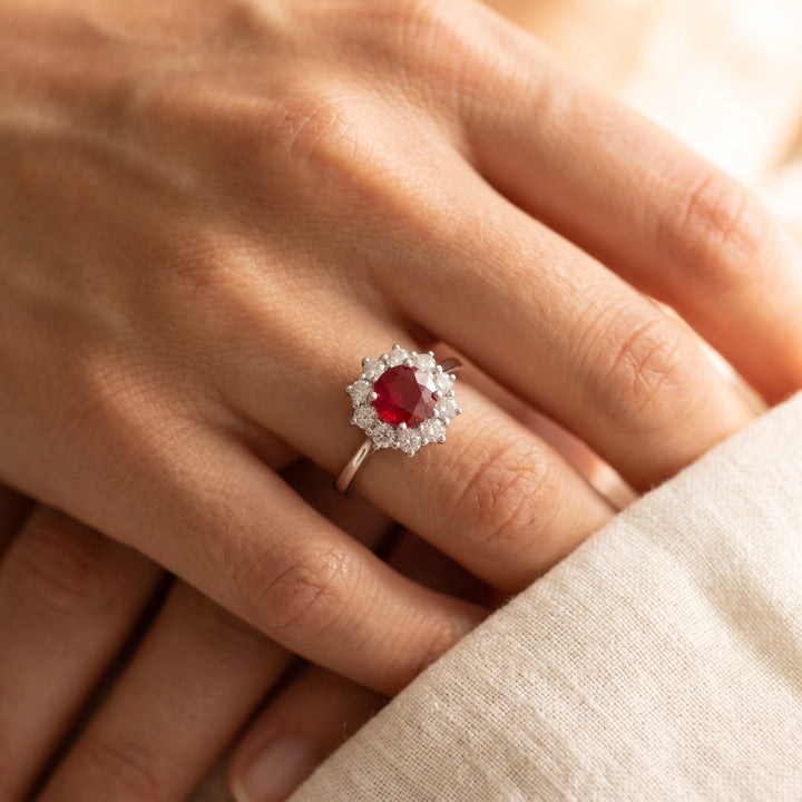1.96 ct Round Ruby and Diamond Halo Ring in 14K White Gold, worn