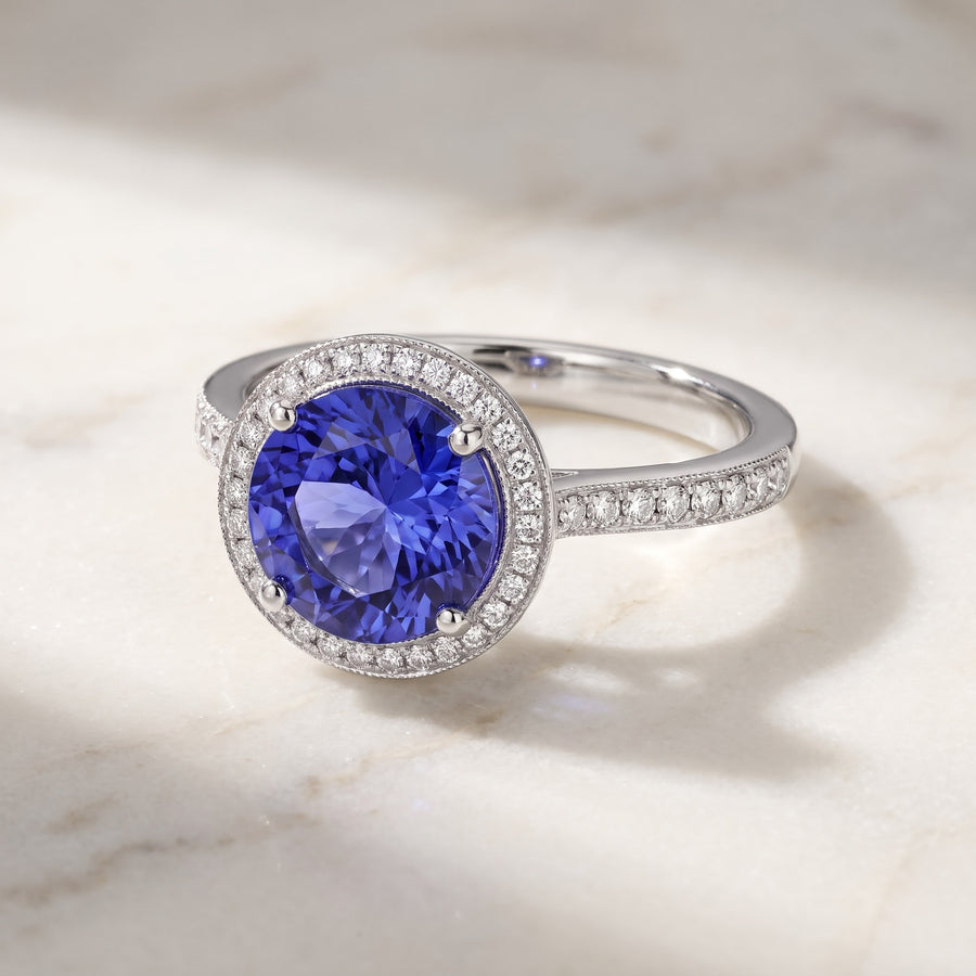 Round Tanzanite and Diamond Halo Ring in White Gold