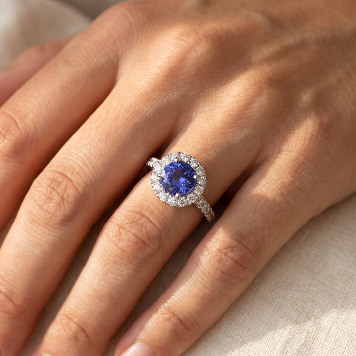 2.41 ct Round Tanzanite and Diamond Halo Cocktail Ring in 14K White Gold, worn