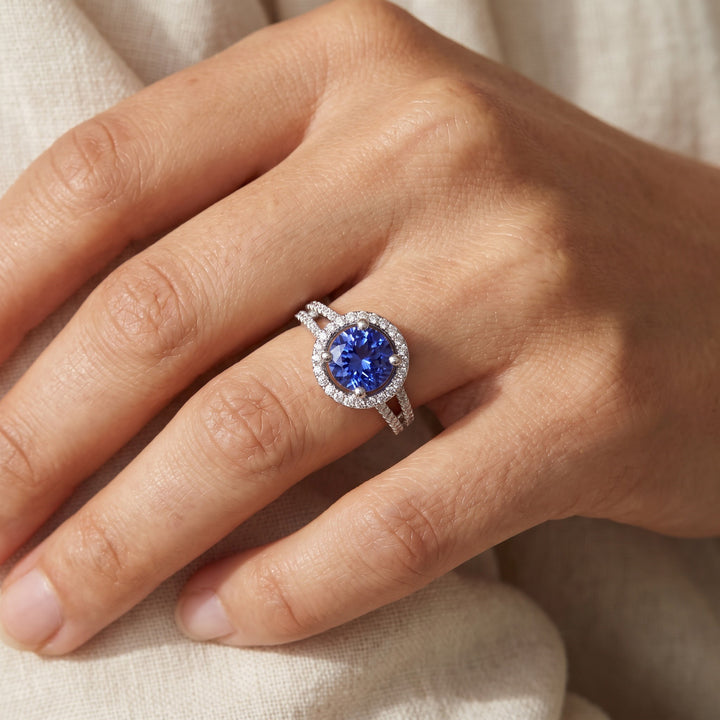 2.38 ct Round Tanzanite and Diamond Halo Split Shank Cocktail Ring in 14K White Gold, worn