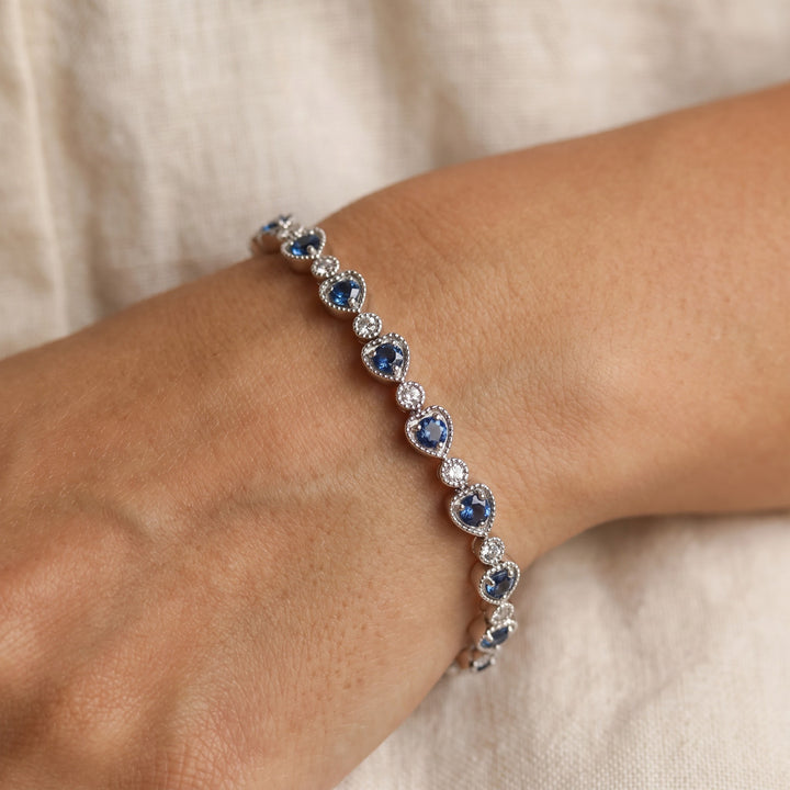 1.50 ct Royal Blue Sapphire and Diamond Tennis Bracelet in 14K White Gold, worn