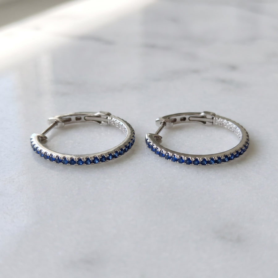 Royal Blue Sapphire Hoop Earrings in White Gold
