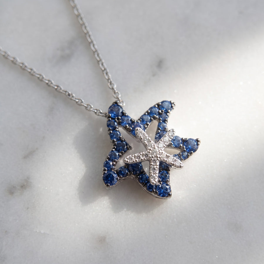 Royal Blue Sapphire Starfish Pendant Necklace in White Gold