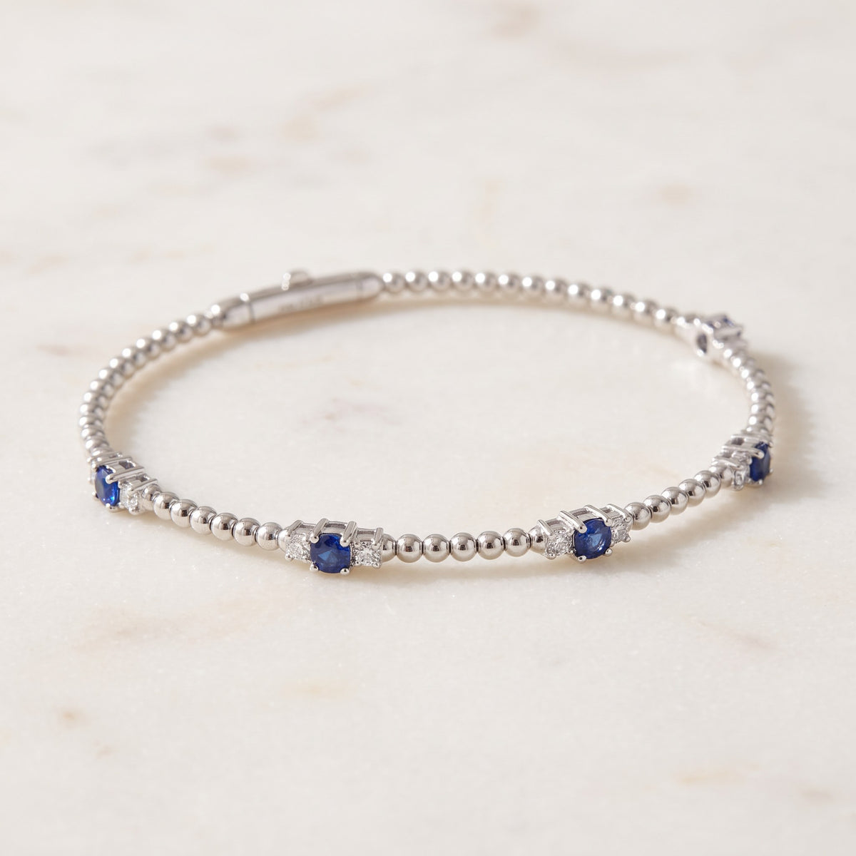 0.35 ct Royal Blue Sapphire and Diamond Station Beaded Bracelet in 14K White Gold