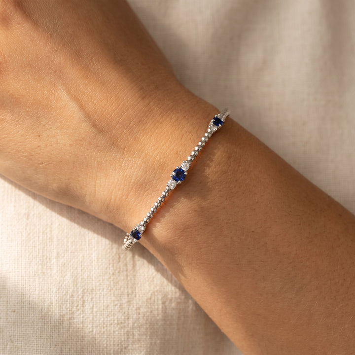 0.35 ct Royal Blue Sapphire and Diamond Station Beaded Bracelet in 14K White Gold, worn