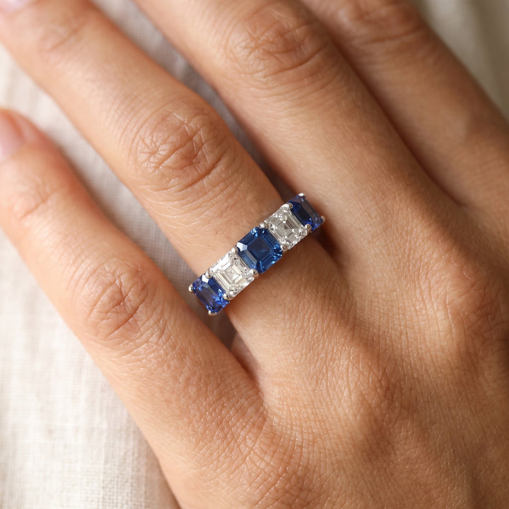 2.10 ct Royal Blue Sapphire and Diamond Step-Cut Five-Stone Ring in 18K White Gold, worn
