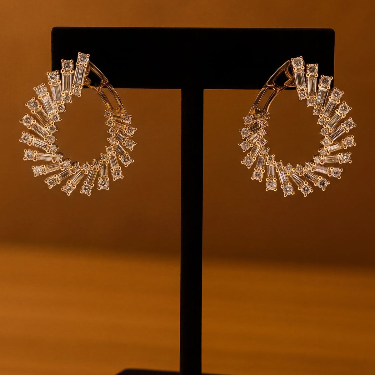 2.93 ct Baguette and Round Diamond Sunburst Hoop Earrings in 14K Yellow Gold