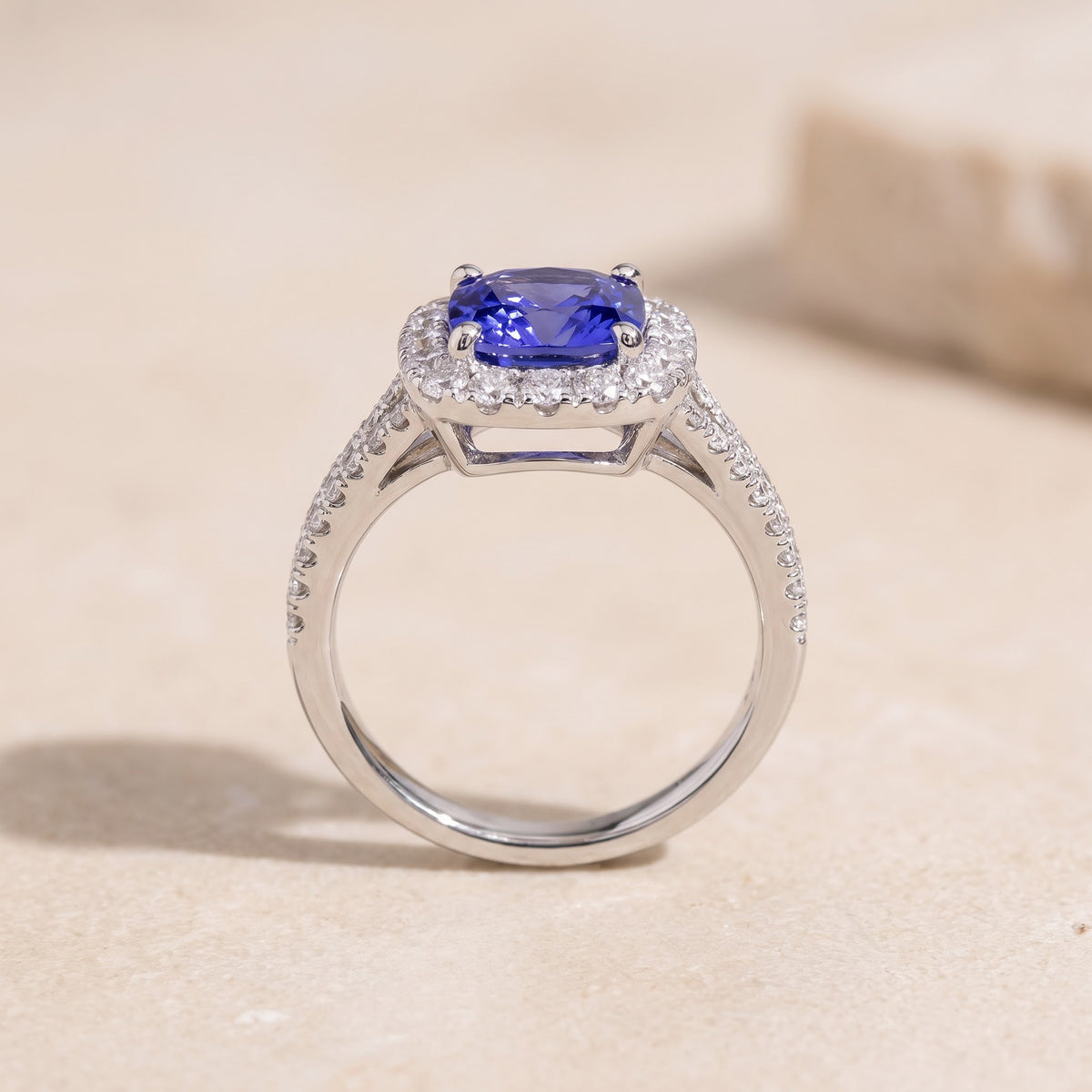 1.89 ct Tanzanite and Diamond Halo Cocktail Ring with Split Shank in 18K White Gold