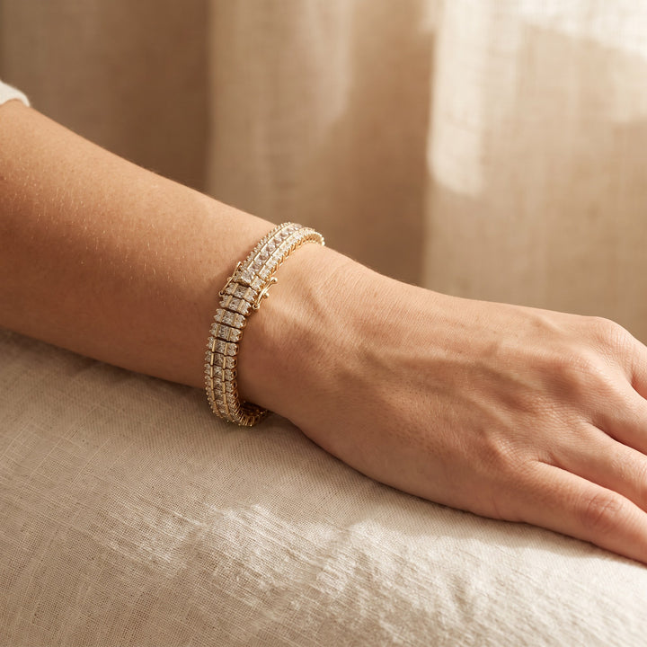 10.27 ct Three-Row Multi-Color Sapphire and Diamond Tennis Bracelet in 14K Yellow Gold, worn