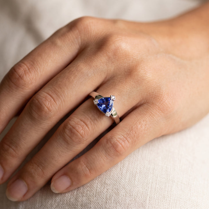 1.75 ct Trillion-Cut Tanzanite Solitaire Ring in 14K White Gold, worn