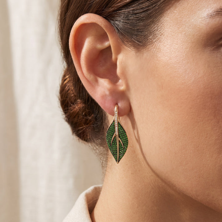 0.67 ct Tsavorite and Diamond Pavé Leaf Drop Earrings in 14K Yellow Gold, worn