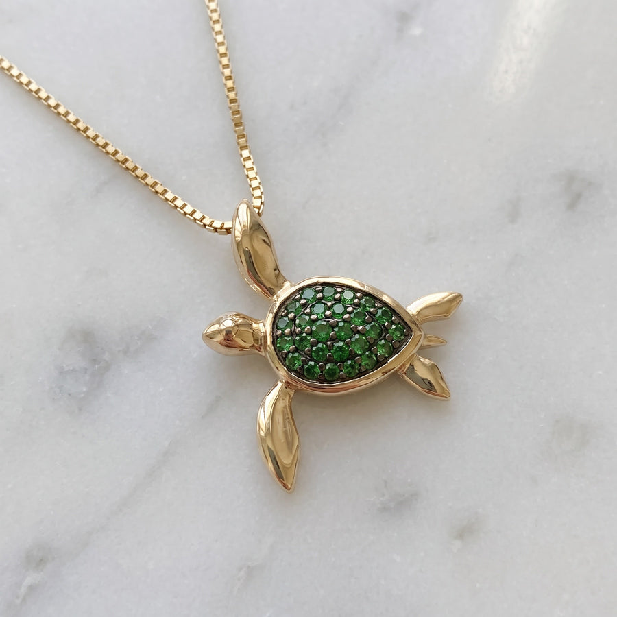 Tsavorite Turtle Charm Necklace in Yellow Gold