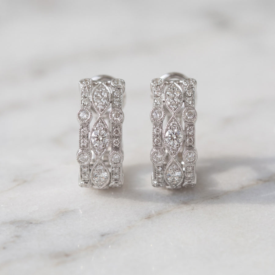Vintage-Inspired Diamond Hoop Earrings in White Gold