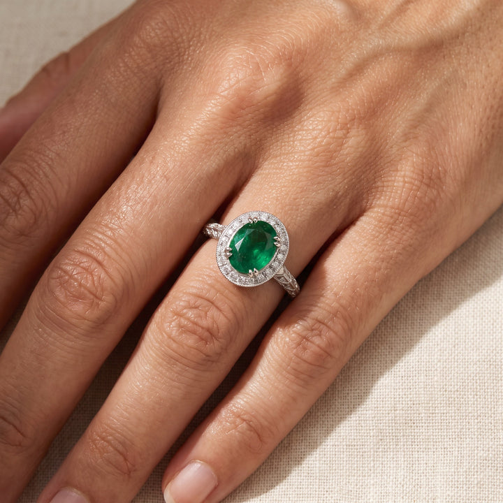 1.72 ct Emerald and Diamond Vintage-Inspired Halo Cocktail Ring in 14K White Gold, worn