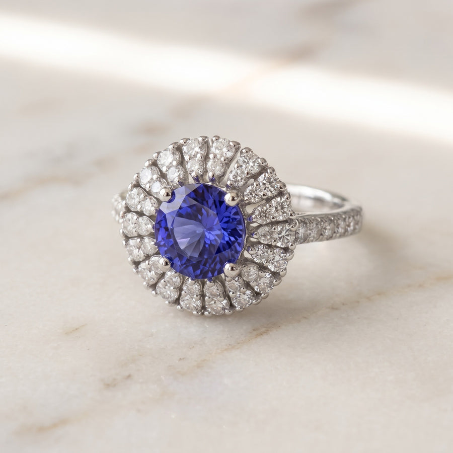 Vivid Tanzanite Halo Cocktail Ring in White Gold