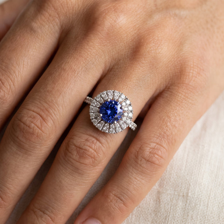 1.56 ct Tanzanite and Diamond Halo Cocktail Ring in 14K White Gold, worn