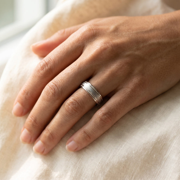 Wedding Band with Brushed Center and Milgrain in 14K White Gold, worn