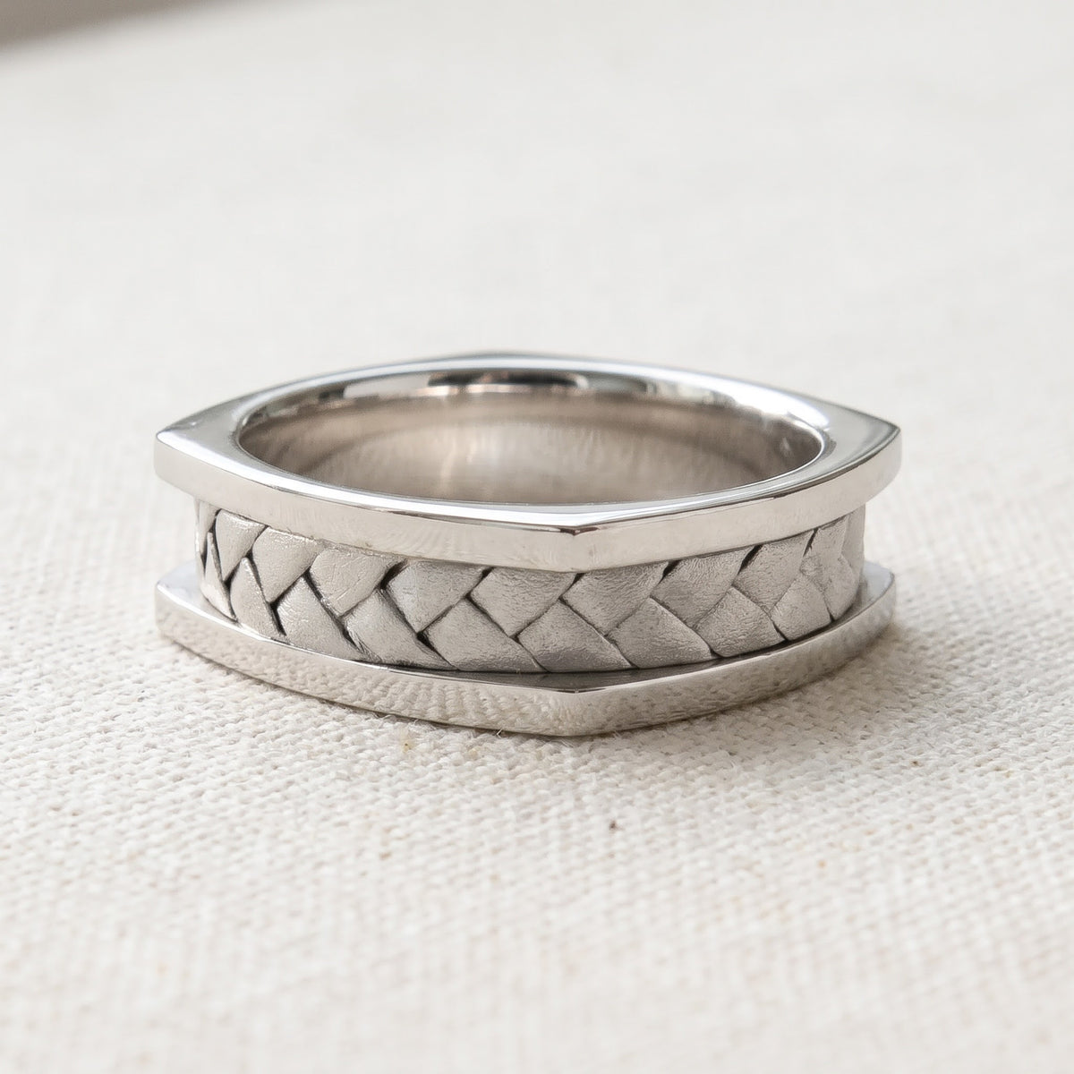 White Gold Braided Band Ring with Polished Edges