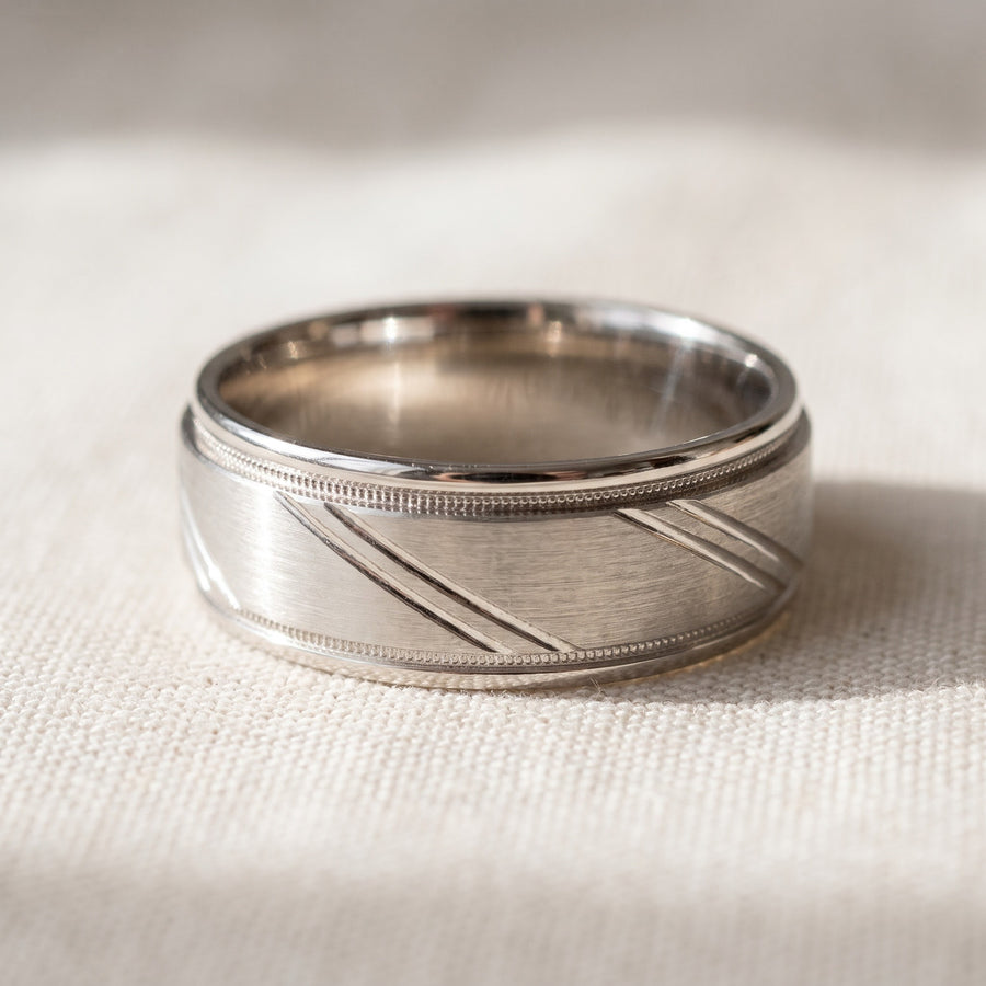 White Gold Brushed Band Ring with Diagonal Grooves and Milgrain
