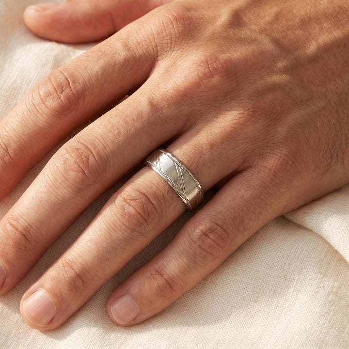 Brushed Band Ring with Diagonal Grooves and Milgrain in 14K White Gold, worn