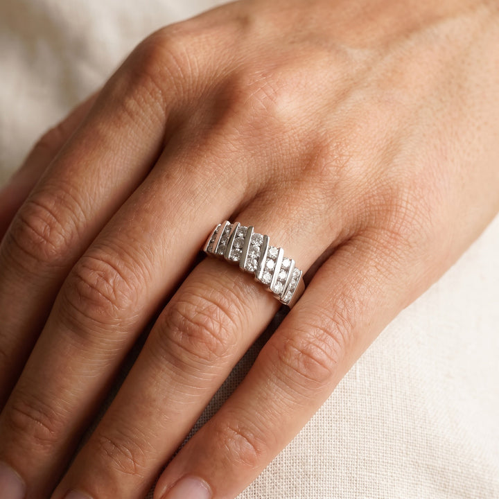 White Gold Diagonal Channel Diamond Band Ring, worn