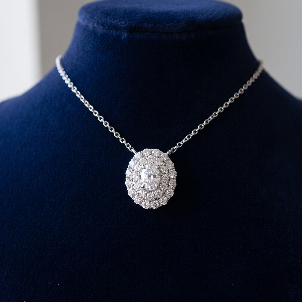 White Gold Diamond Double Halo Pendant Necklace