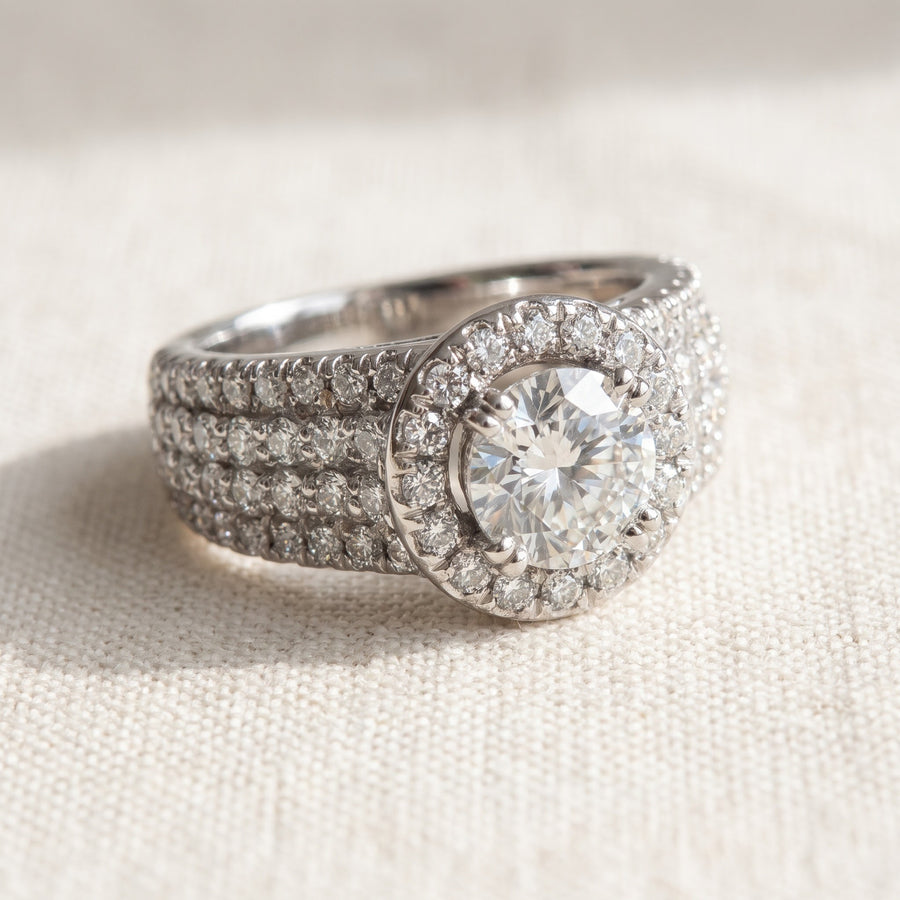 White Gold Diamond Halo Engagement Ring with Multi-Row Band