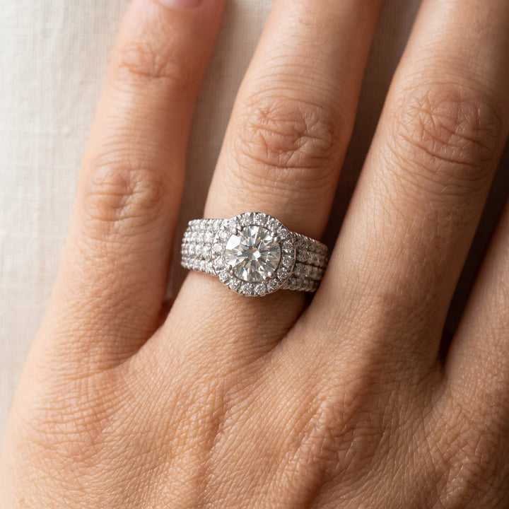 1.52 ct Round Diamond Halo Engagement Ring with Multi-Row Band in 14K White Gold, worn