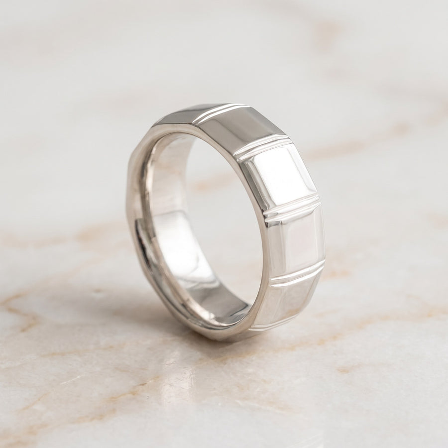 White Gold Geometric Paneled Band Ring