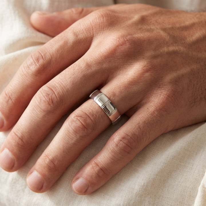 Geometric Paneled Band Ring in 14K White Gold, worn