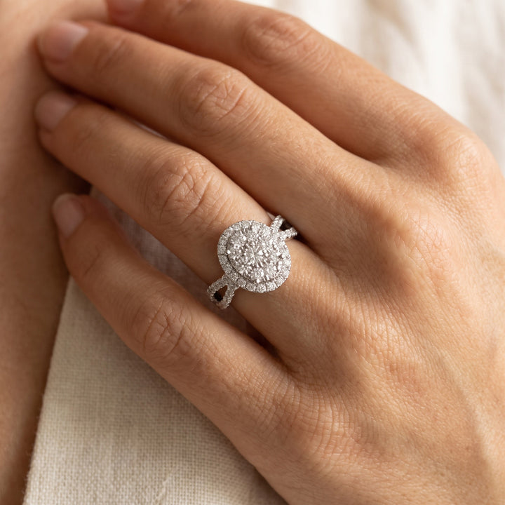 1.00 ct Oval Diamond Cluster Split Shank Engagement Ring in 14K White Gold, worn