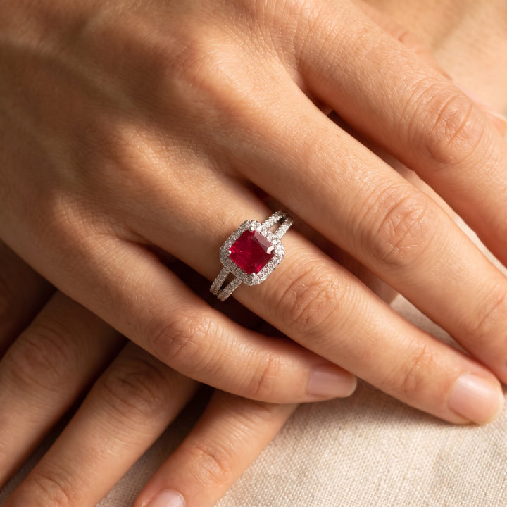 1.59 ct Ruby and Diamond Halo Ring with Split Shank in 14K White Gold, worn
