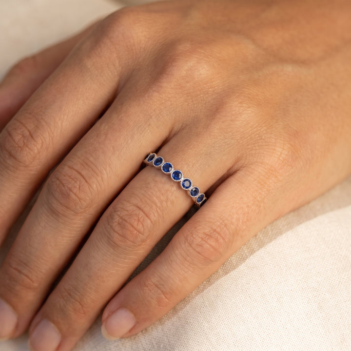 0.83 ct Royal Blue Sapphire Milgrain Bezel Ring in 14K White Gold, worn