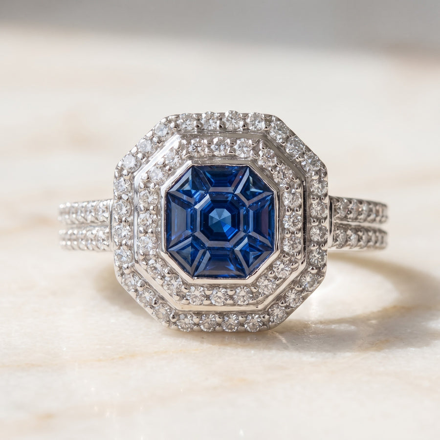 White Gold Royal Blue Sapphire Octagonal Double Halo Cocktail Ring