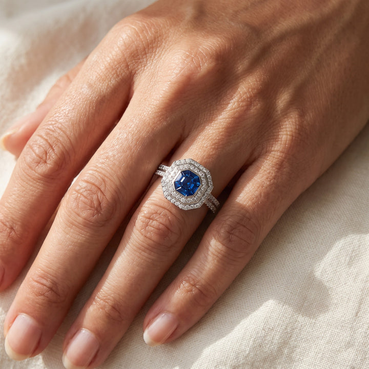 0.56 ct Royal Blue Sapphire and Diamond Octagonal Double Halo Cocktail Ring in 14K White Gold, worn