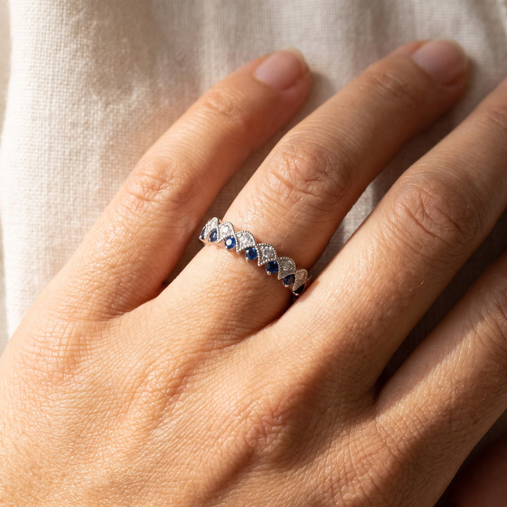 0.20 ct Scalloped Blue Sapphire and Diamond Band Ring in 14K White Gold, worn