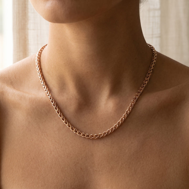 Woven Wheat Chain Necklace in 14K Rose Gold, worn