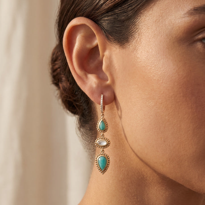 3.43 ct Amazonite, Mother of Pearl and Diamond Beaded Dangle Earrings in 18K Yellow Gold, worn